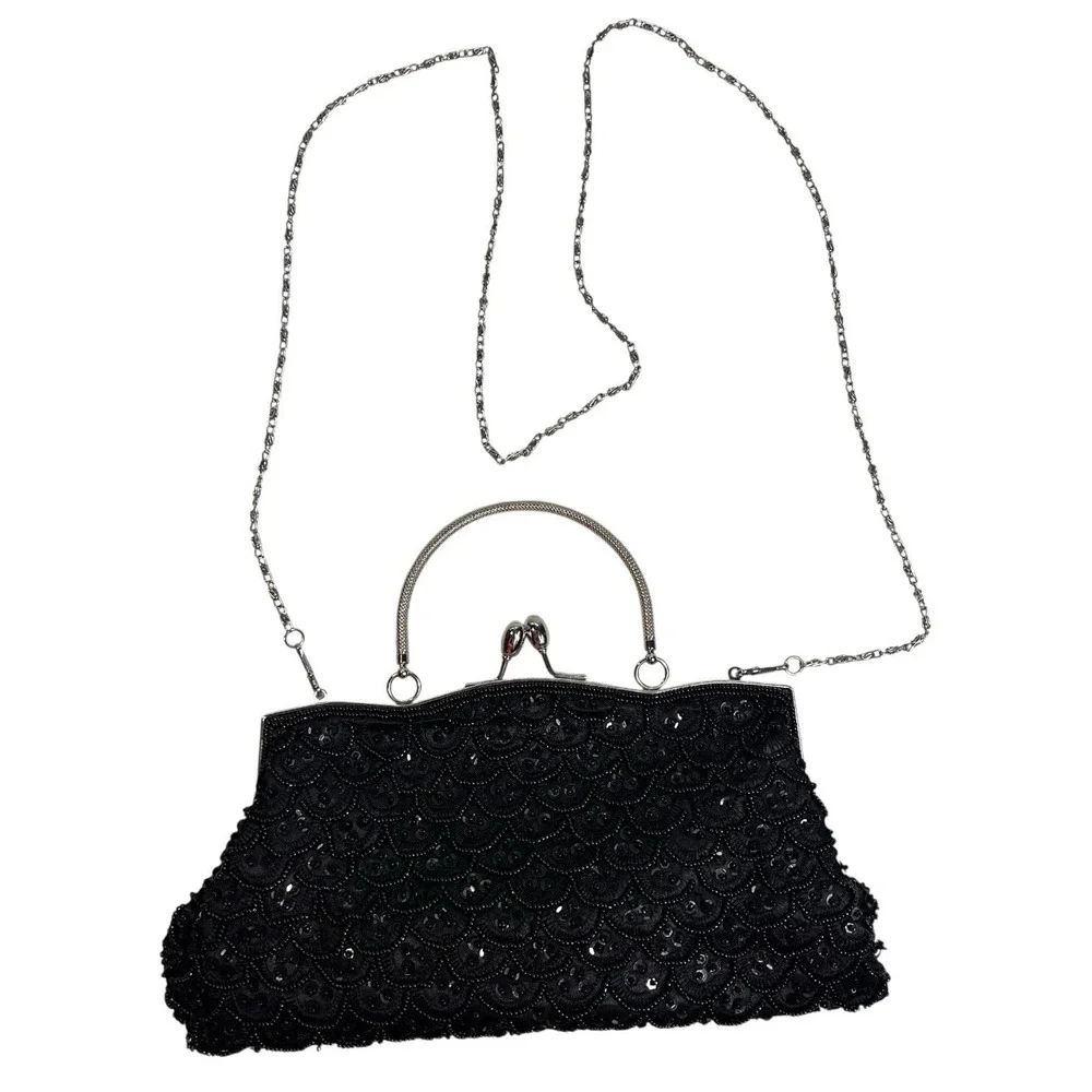 Vintage MG Collection Black Beaded Evening Bag Kisslock Chain Clutch Purse